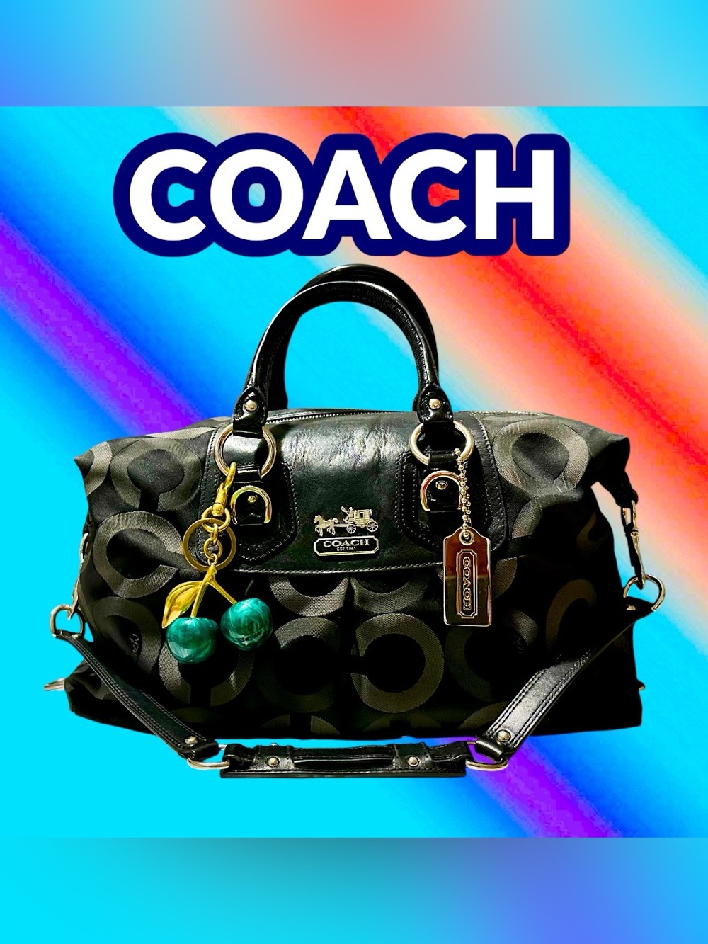 Vintage Coach soho shoulder Bag Black Signature Satchel with Green Cherry Charm - Picture 4 of 17